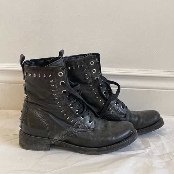 Frye distressed black leather ankle boots with studs accent. - Picture 2 of 6